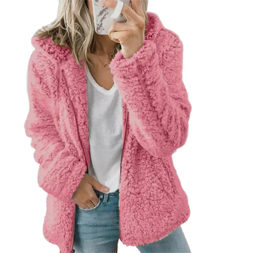 Weiche Teddy-Fleece-Kapuzenjacke mit durchgehendem Reissverschluss