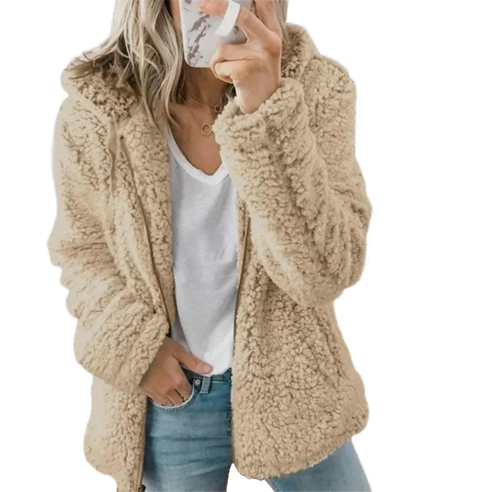 Weiche Teddy-Fleece-Kapuzenjacke mit durchgehendem Reissverschluss