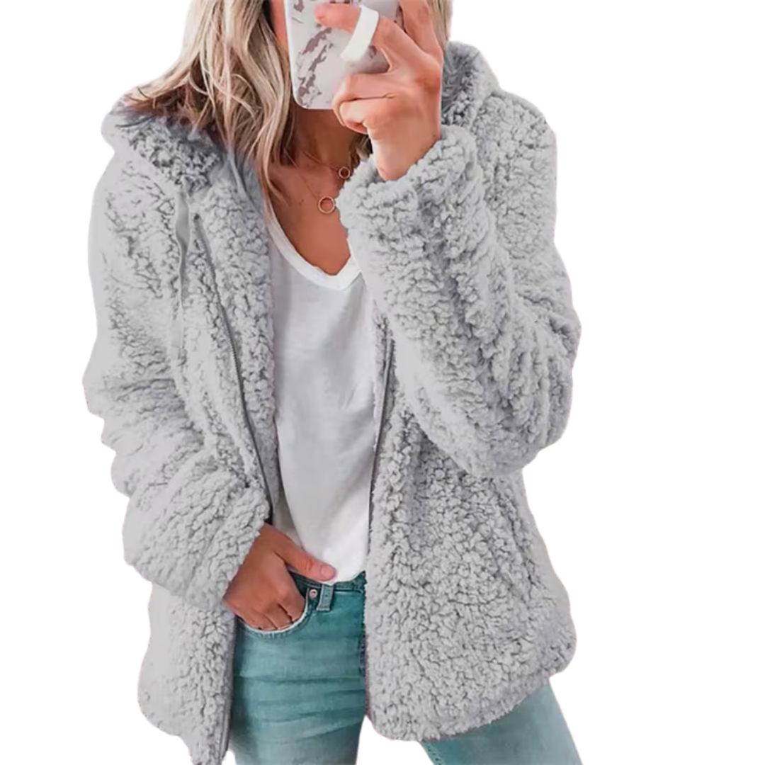 Weiche Teddy-Fleece-Kapuzenjacke mit durchgehendem Reissverschluss