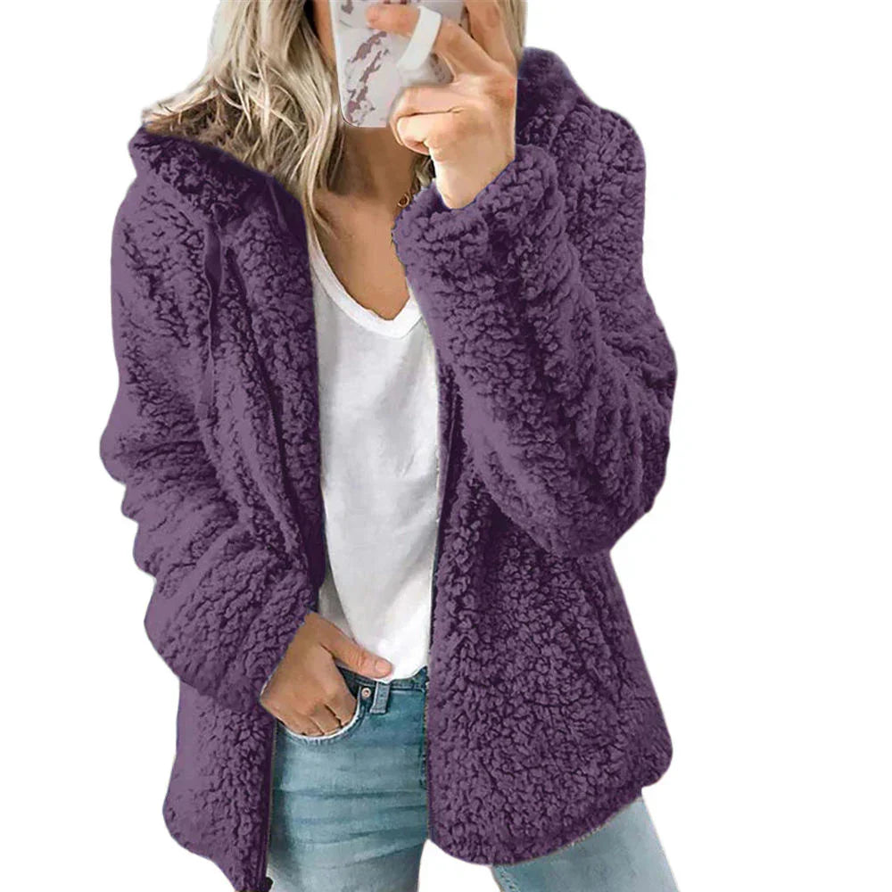 Weiche Teddy-Fleece-Kapuzenjacke mit durchgehendem Reissverschluss