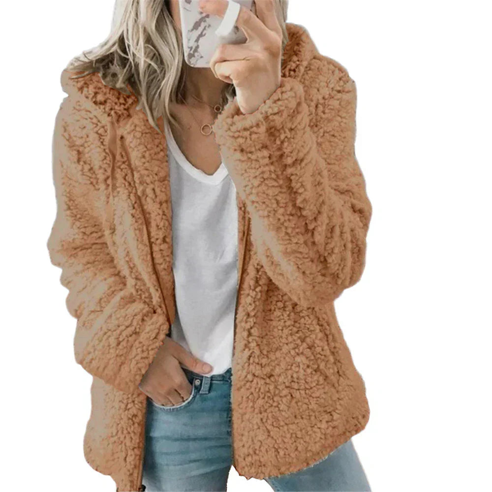 Weiche Teddy-Fleece-Kapuzenjacke mit durchgehendem Reissverschluss