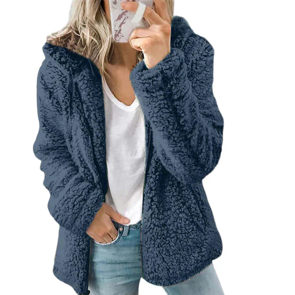 Weiche Teddy-Fleece-Kapuzenjacke mit durchgehendem Reissverschluss