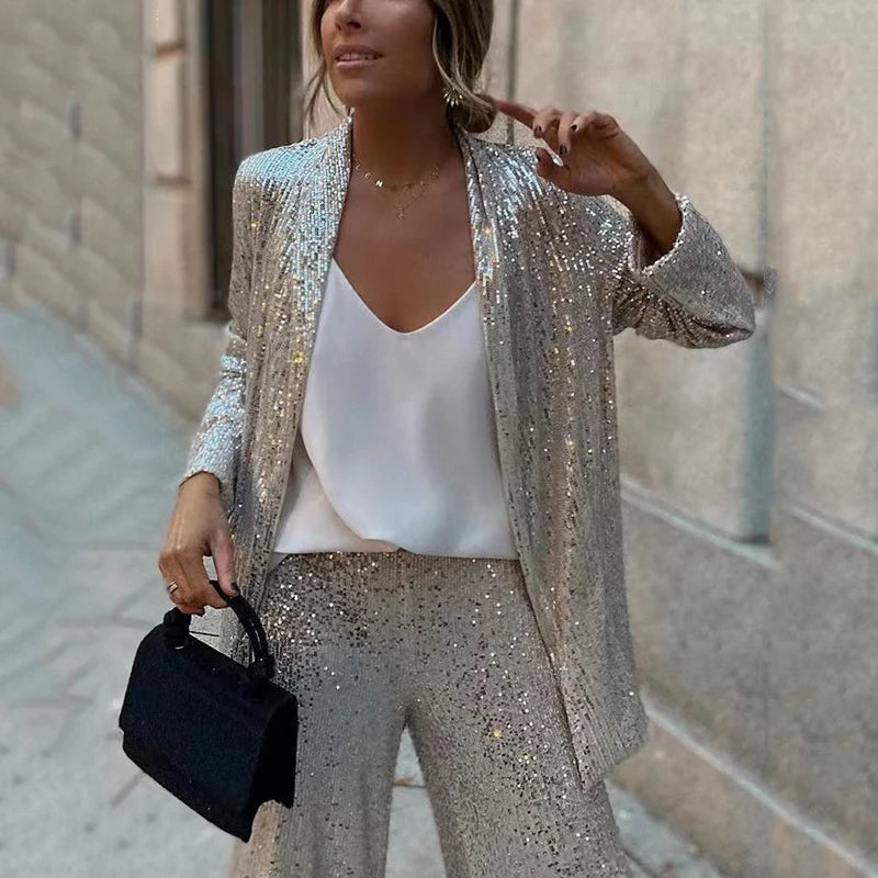 Glänzendes Pailletten-Blazer- und Hosenset