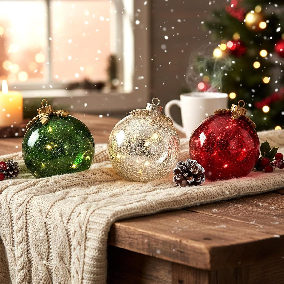 LED-Weihnachtskugeln aus Craquelé-Glas – Leuchtende Christbaumanhänger für die Weihnachtsdekoration
