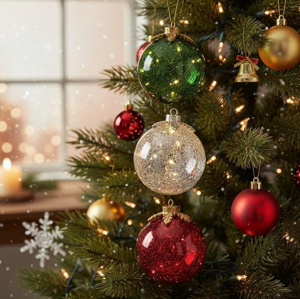 LED-Weihnachtskugeln aus Craquelé-Glas – Leuchtende Christbaumanhänger für die Weihnachtsdekoration