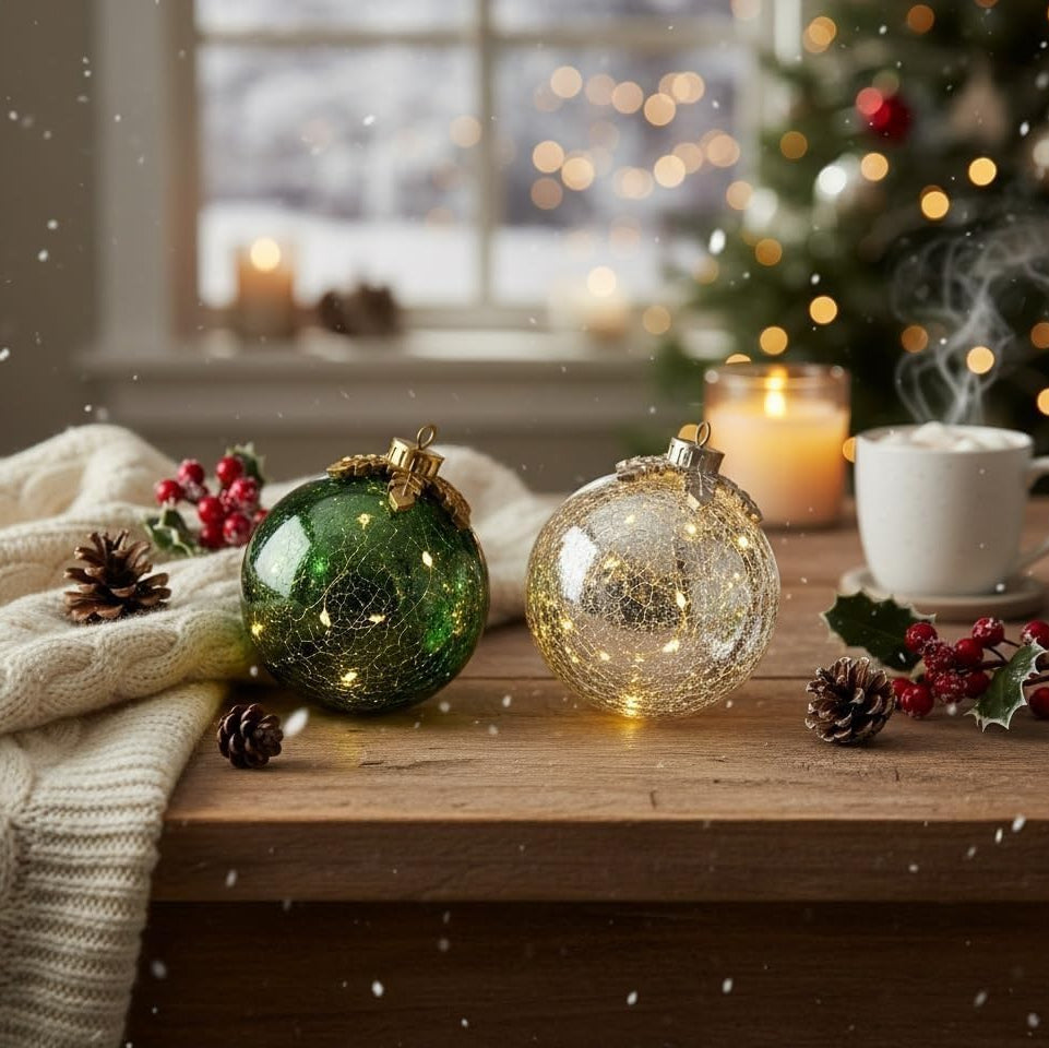 LED-Weihnachtskugeln aus Craquelé-Glas – Leuchtende Christbaumanhänger für die Weihnachtsdekoration