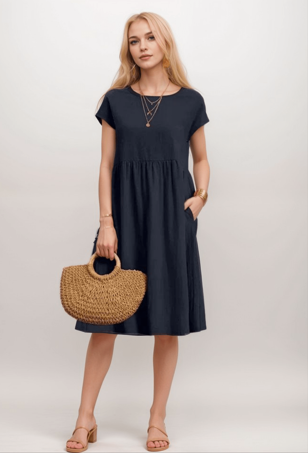 Kurzärmeliges A-Linien-Midikleid für Damen