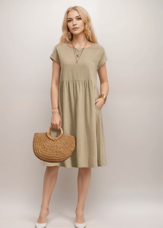 Kurzärmeliges A-Linien-Midikleid für Damen