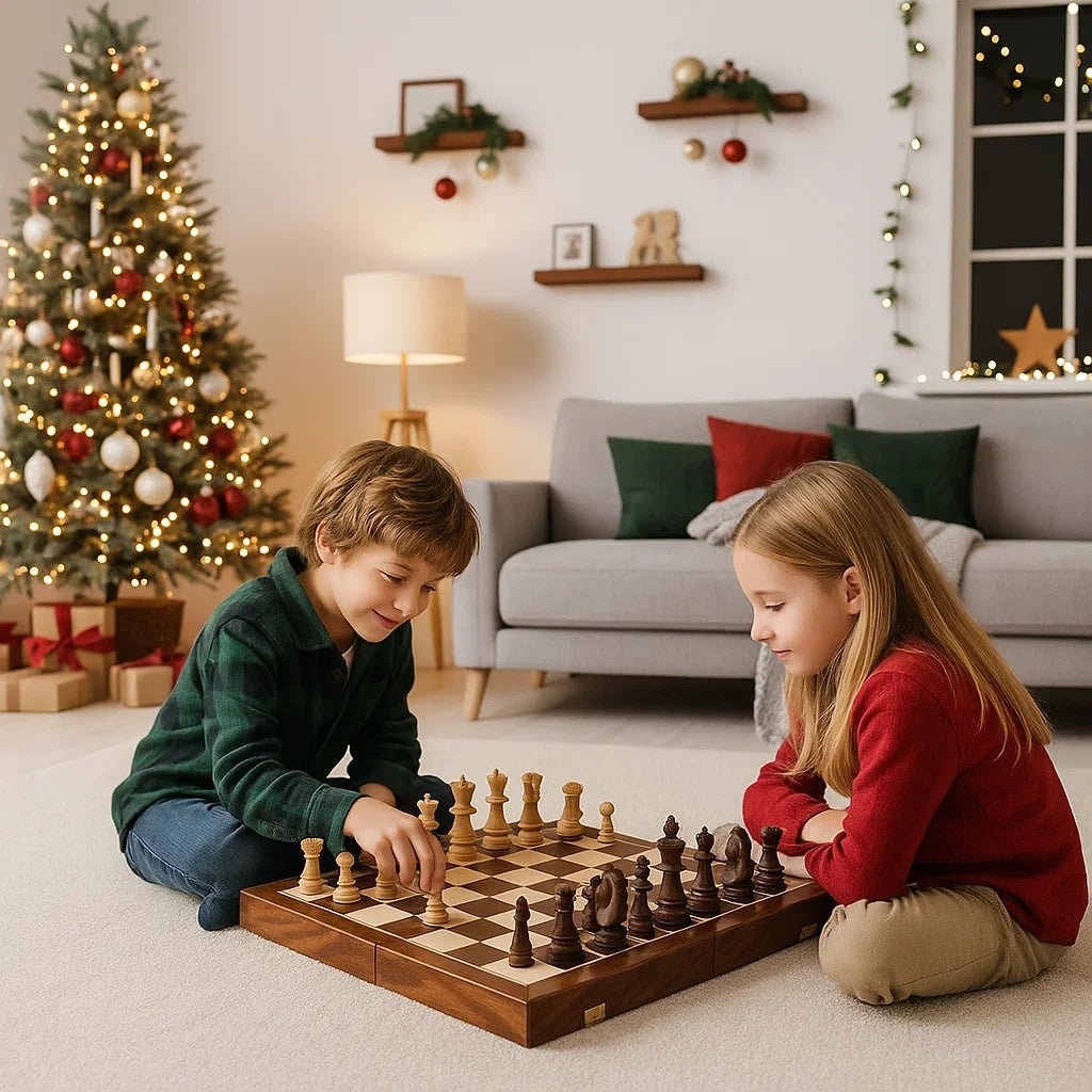 Schachspiel aus Holz mit klassischem, klappbarem Schachbrett aus Nussbaumholz