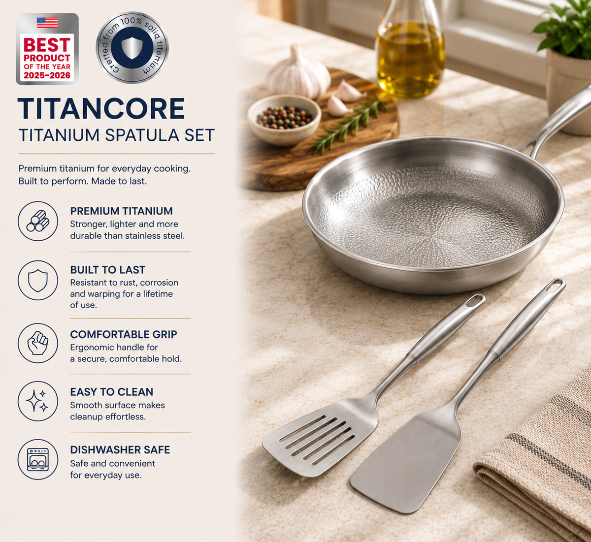 Vielseitiges, hitzebeständiges Küchenspatel-Set aus reinem Titan