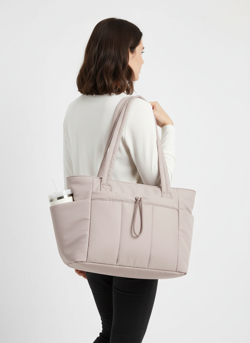 Vielseitige Damen-Schultertasche mit integriertem Getränkehalter