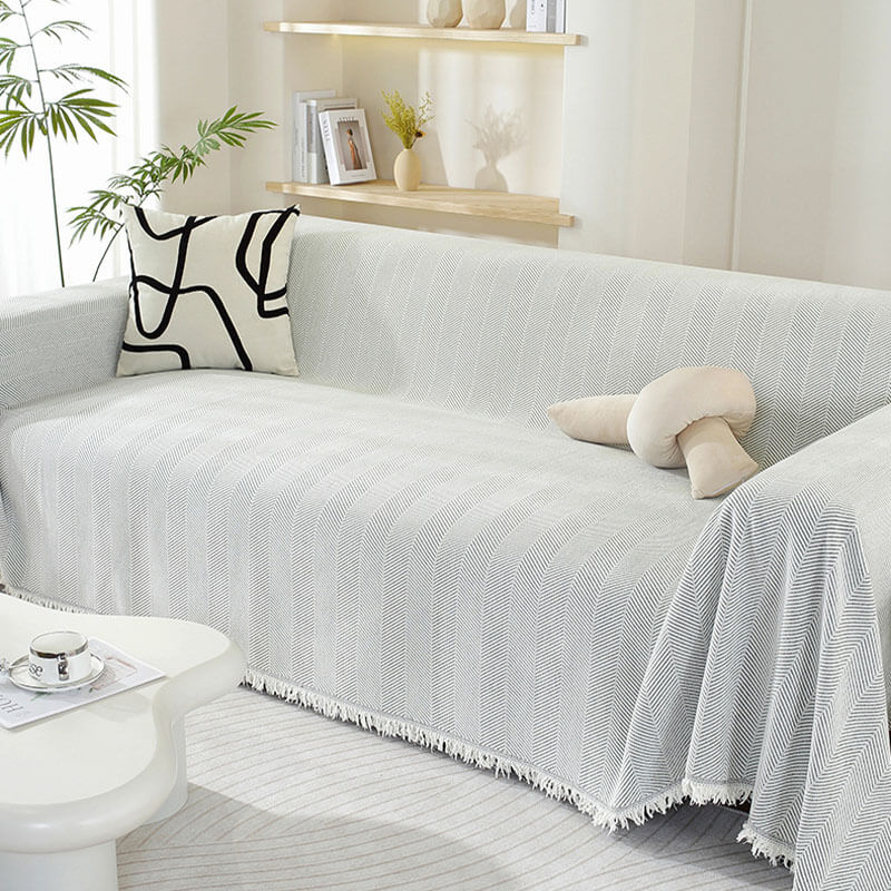 Chenille Sofaüberwurf Decke mit Fischgrätmuster und Fransen - Gemütlicher Stil