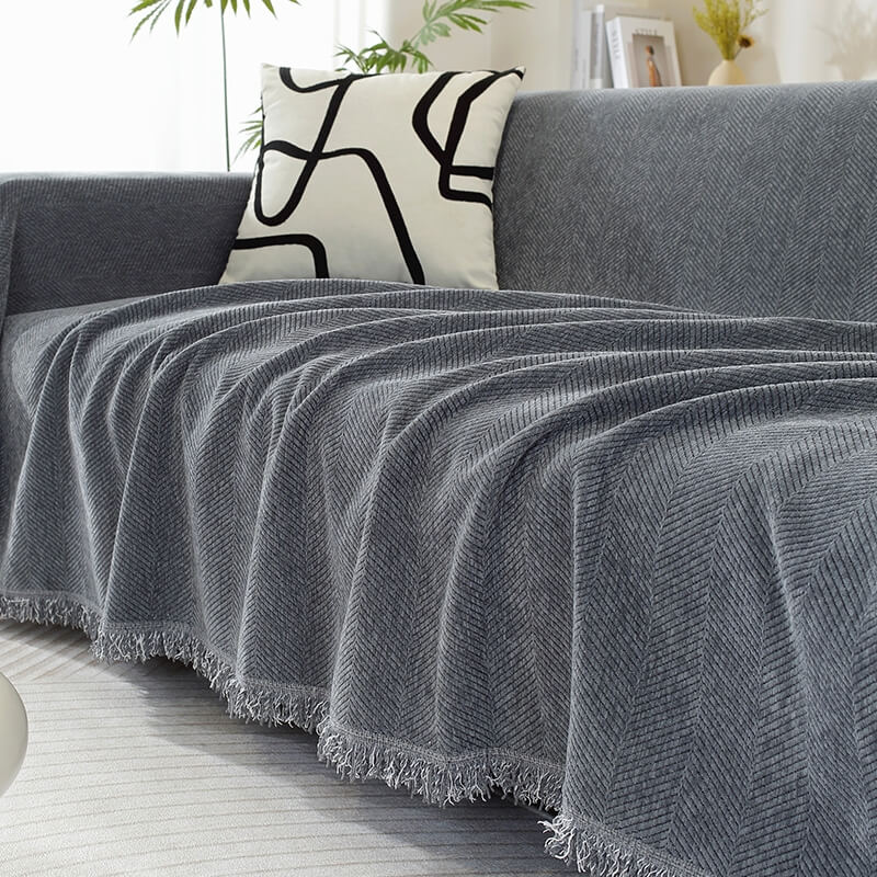 Chenille Sofaüberwurf Decke mit Fischgrätmuster und Fransen - Gemütlicher Stil