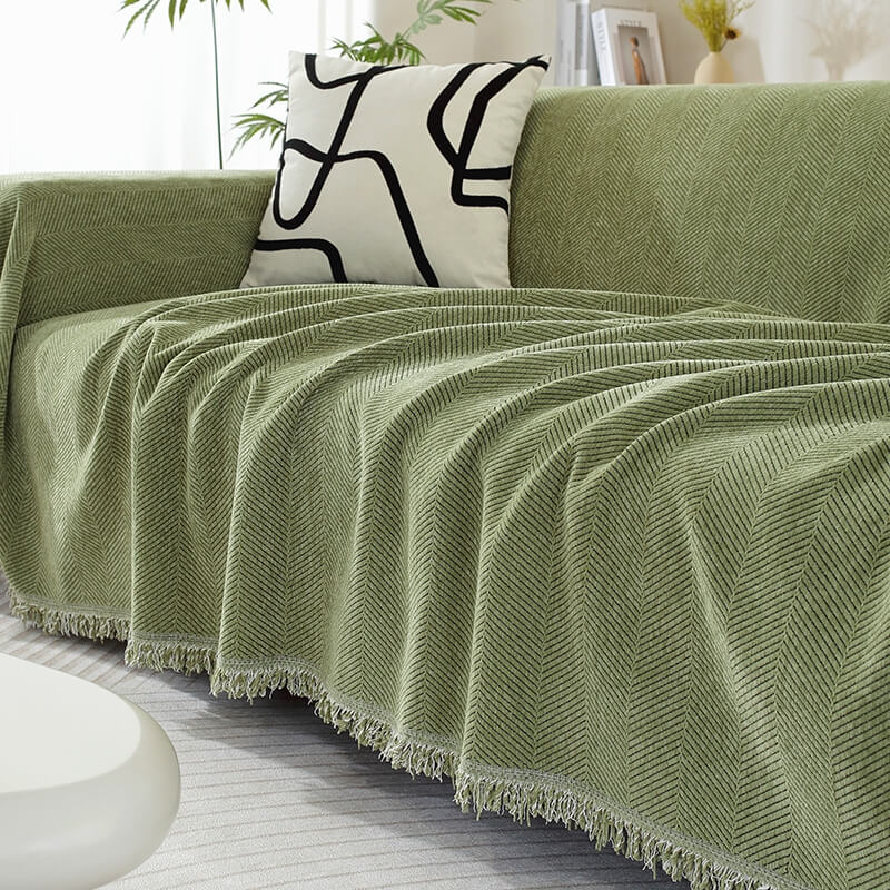 Chenille Sofaüberwurf Decke mit Fischgrätmuster und Fransen - Gemütlicher Stil