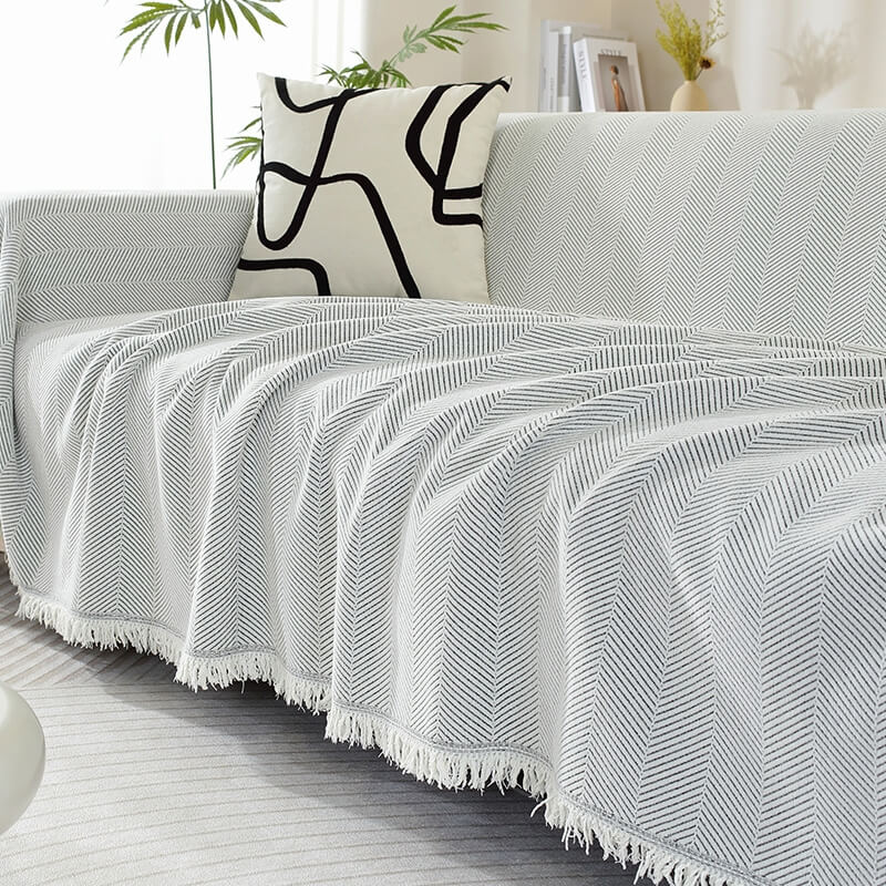 Chenille Sofaüberwurf Decke mit Fischgrätmuster und Fransen - Gemütlicher Stil