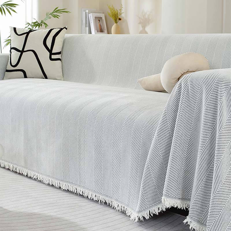Chenille Sofaüberwurf Decke mit Fischgrätmuster und Fransen - Gemütlicher Stil