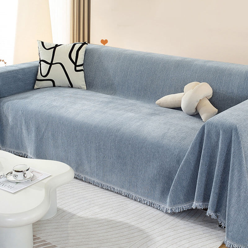 Chenille Sofaüberwurf Decke mit Fischgrätmuster und Fransen - Gemütlicher Stil