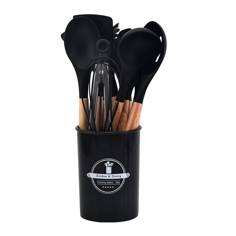 Silikon-Küchenhelfer-Set | Hitzebeständig bis 230 °C | 12-teilig mit Holzgriff | Schneebesen, Spatel, Zange und mehr