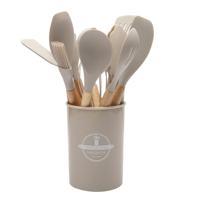 Silikon-Küchenhelfer-Set | Hitzebeständig bis 230 °C | 12-teilig mit Holzgriff | Schneebesen, Spatel, Zange und mehr