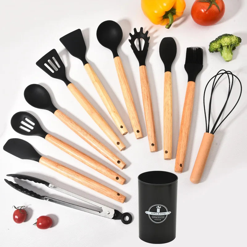 Silikon-Küchenhelfer-Set | Hitzebeständig bis 230 °C | 12-teilig mit Holzgriff | Schneebesen, Spatel, Zange und mehr