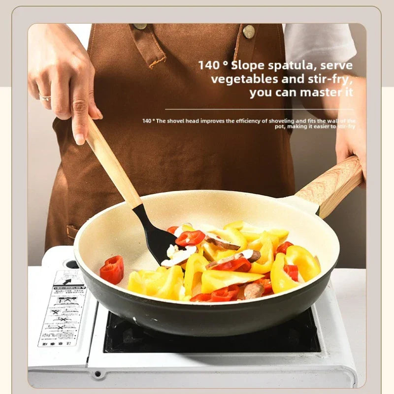Silikon-Küchenhelfer-Set | Hitzebeständig bis 230 °C | 12-teilig mit Holzgriff | Schneebesen, Spatel, Zange und mehr