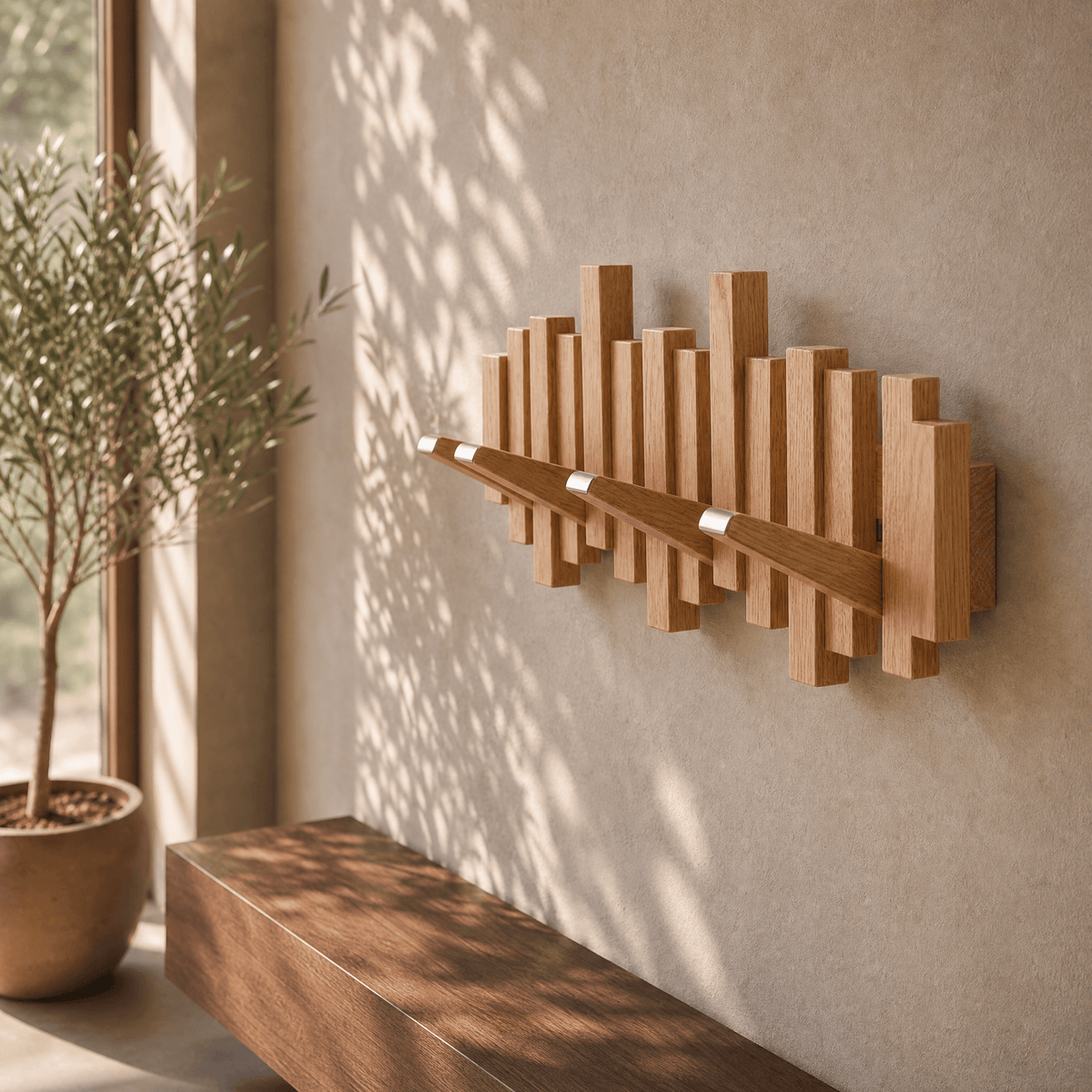 Skulpturaler Wandkleiderbügel aus Holz