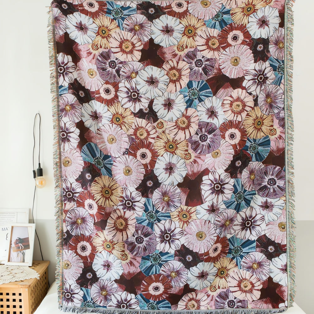Gewebte Vintage-Kuscheldecke mit Blumenmuster und Fransen
