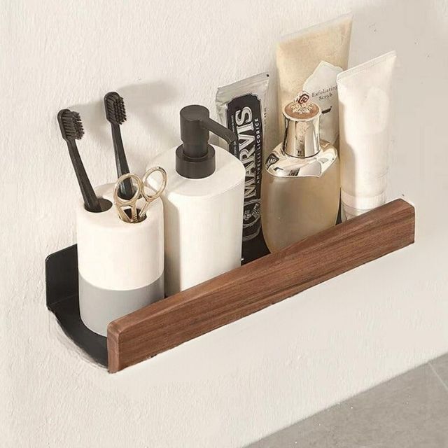 Badezimmerregal aus Massivholz – Wandmontierter Badezimmer-Organizer ohne Bohren