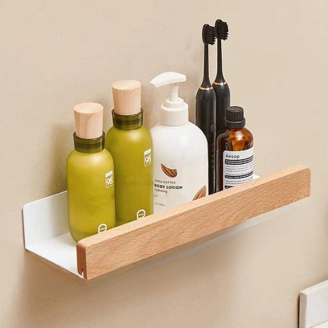 Badezimmerregal aus Massivholz – Wandmontierter Badezimmer-Organizer ohne Bohren