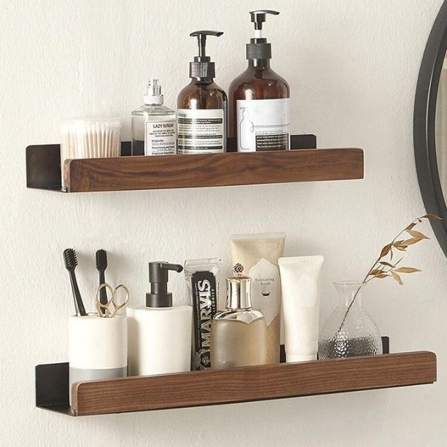 Badezimmerregal aus Massivholz – Wandmontierter Badezimmer-Organizer ohne Bohren
