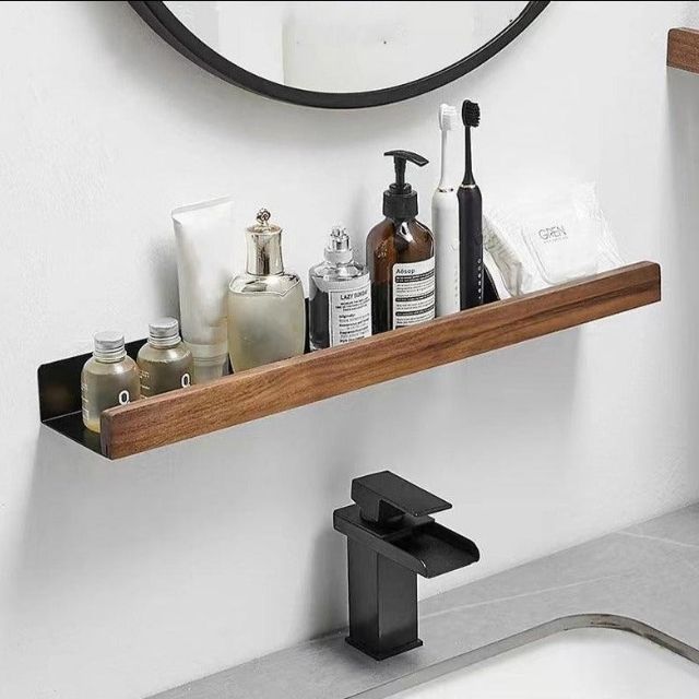 Badezimmerregal aus Massivholz – Wandmontierter Badezimmer-Organizer ohne Bohren
