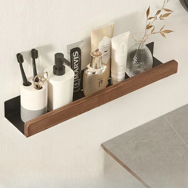 Badezimmerregal aus Massivholz – Wandmontierter Badezimmer-Organizer ohne Bohren