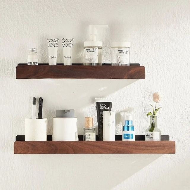 Badezimmerregal aus Massivholz – Wandmontierter Badezimmer-Organizer ohne Bohren