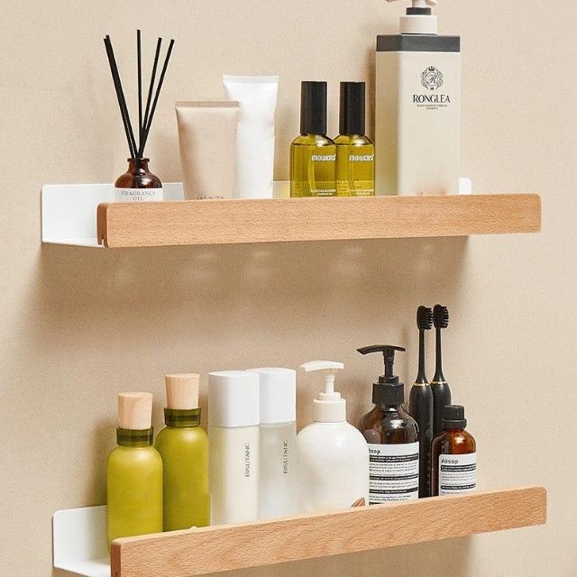 Badezimmerregal aus Massivholz – Wandmontierter Badezimmer-Organizer ohne Bohren