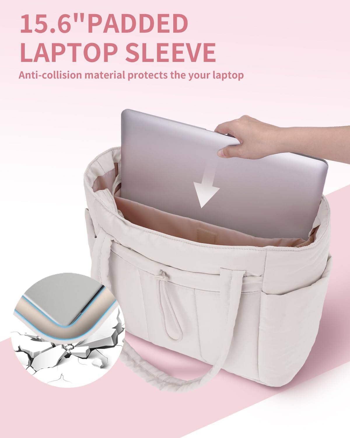 Gesteppte Puffer-Tote-Tasche mit Becherhalter und Laptopfach für Reise und Arbeit
