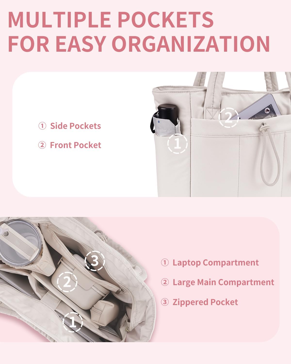 Gesteppte Puffer-Tote-Tasche mit Becherhalter und Laptopfach für Reise und Arbeit