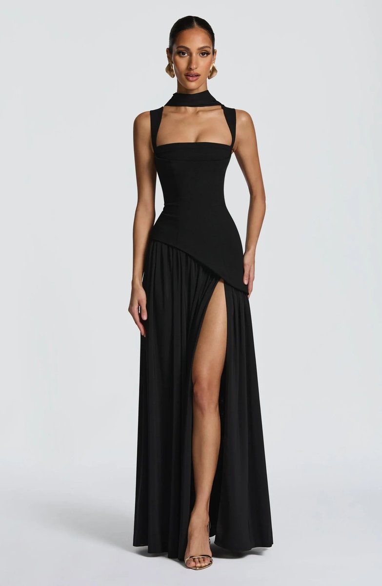 Ärmelloses Brautmutter-Maxikleid in A-Linie mit eckigem Ausschnitt und Seitenschlitz