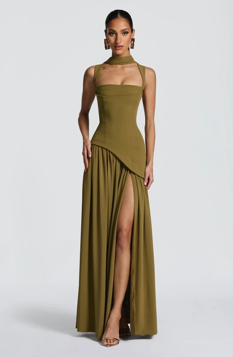 Ärmelloses Brautmutter-Maxikleid in A-Linie mit eckigem Ausschnitt und Seitenschlitz