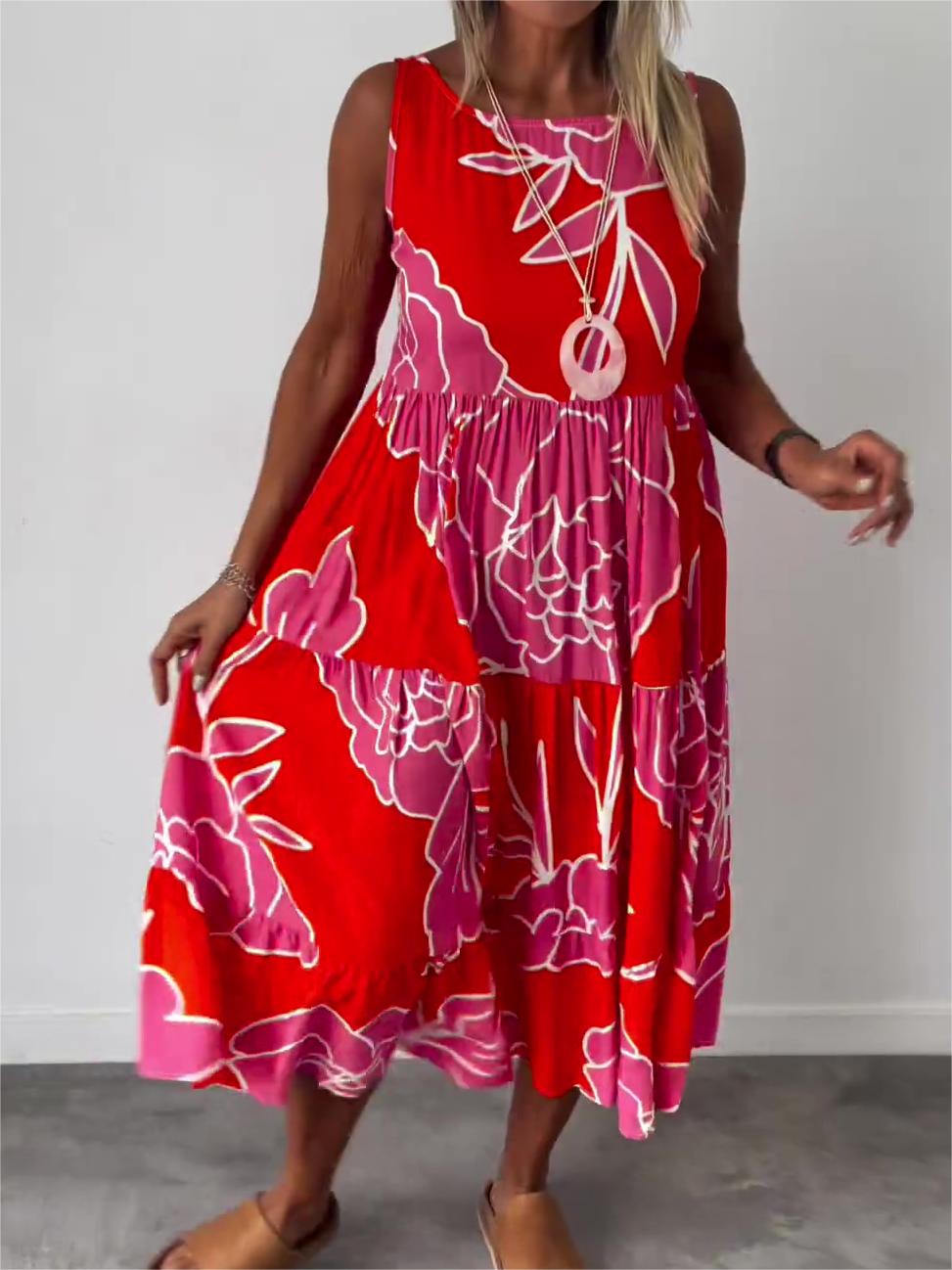 Ärmelloses Damen-Midikleid in A-Linie mit Blumenmuster