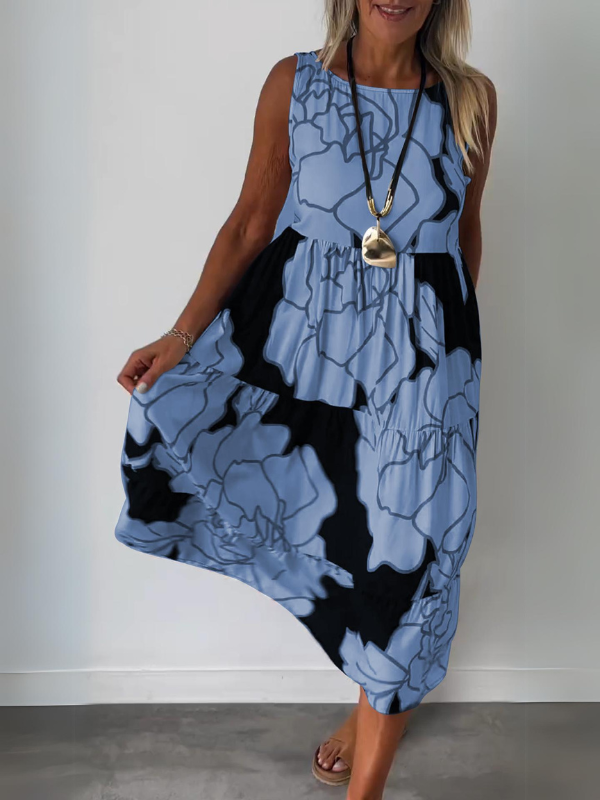 Ärmelloses Damen-Midikleid in A-Linie mit Blumenmuster