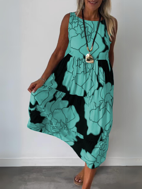 Ärmelloses Damen-Midikleid in A-Linie mit Blumenmuster