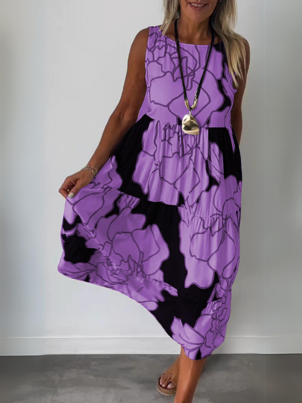 Ärmelloses Damen-Midikleid in A-Linie mit Blumenmuster