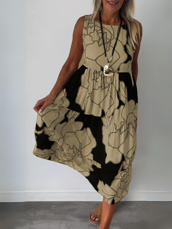 Ärmelloses Damen-Midikleid in A-Linie mit Blumenmuster
