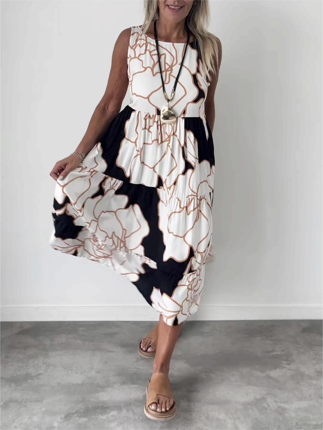 Ärmelloses Damen-Midikleid in A-Linie mit Blumenmuster