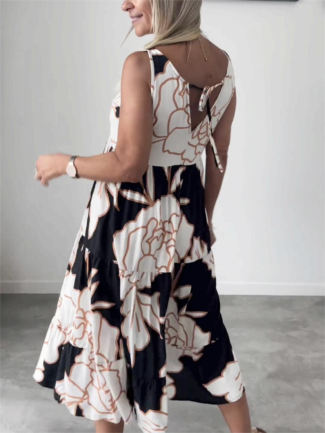 Ärmelloses Damen-Midikleid in A-Linie mit Blumenmuster