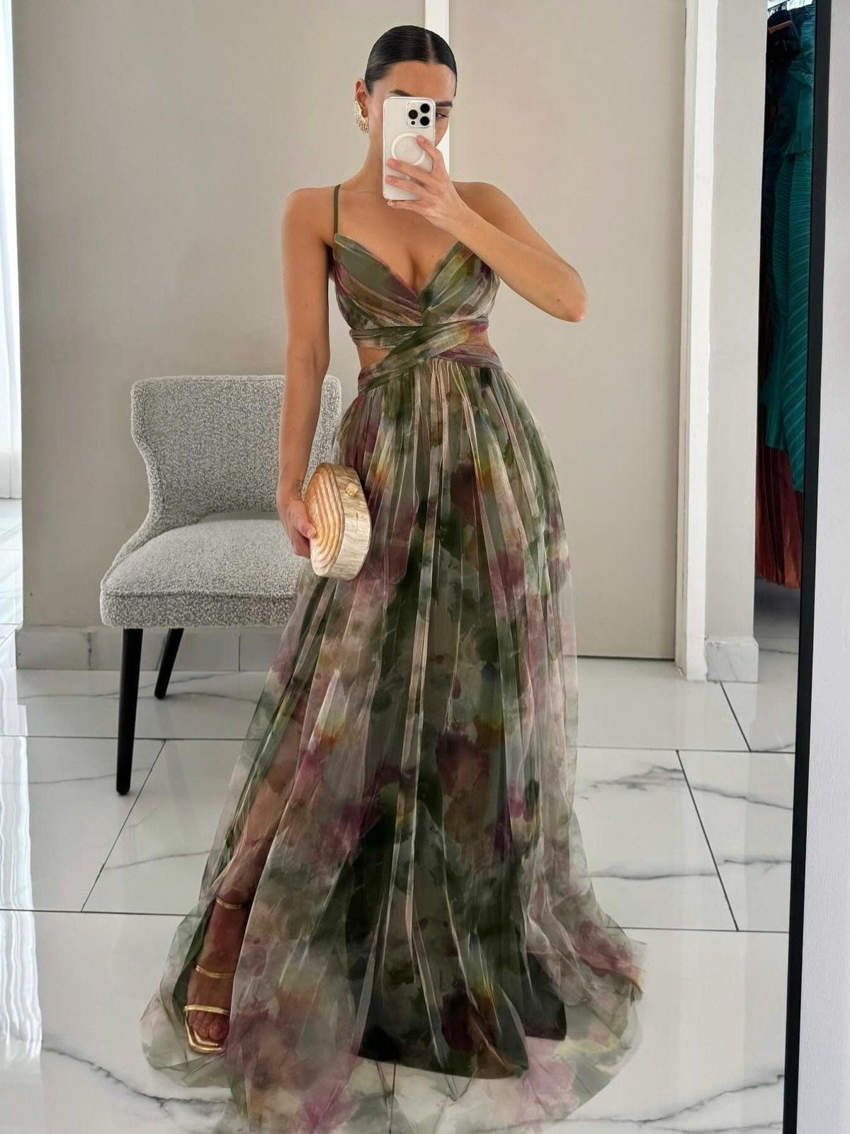 Ärmelloses Damen-Maxikleid mit Blumenmuster