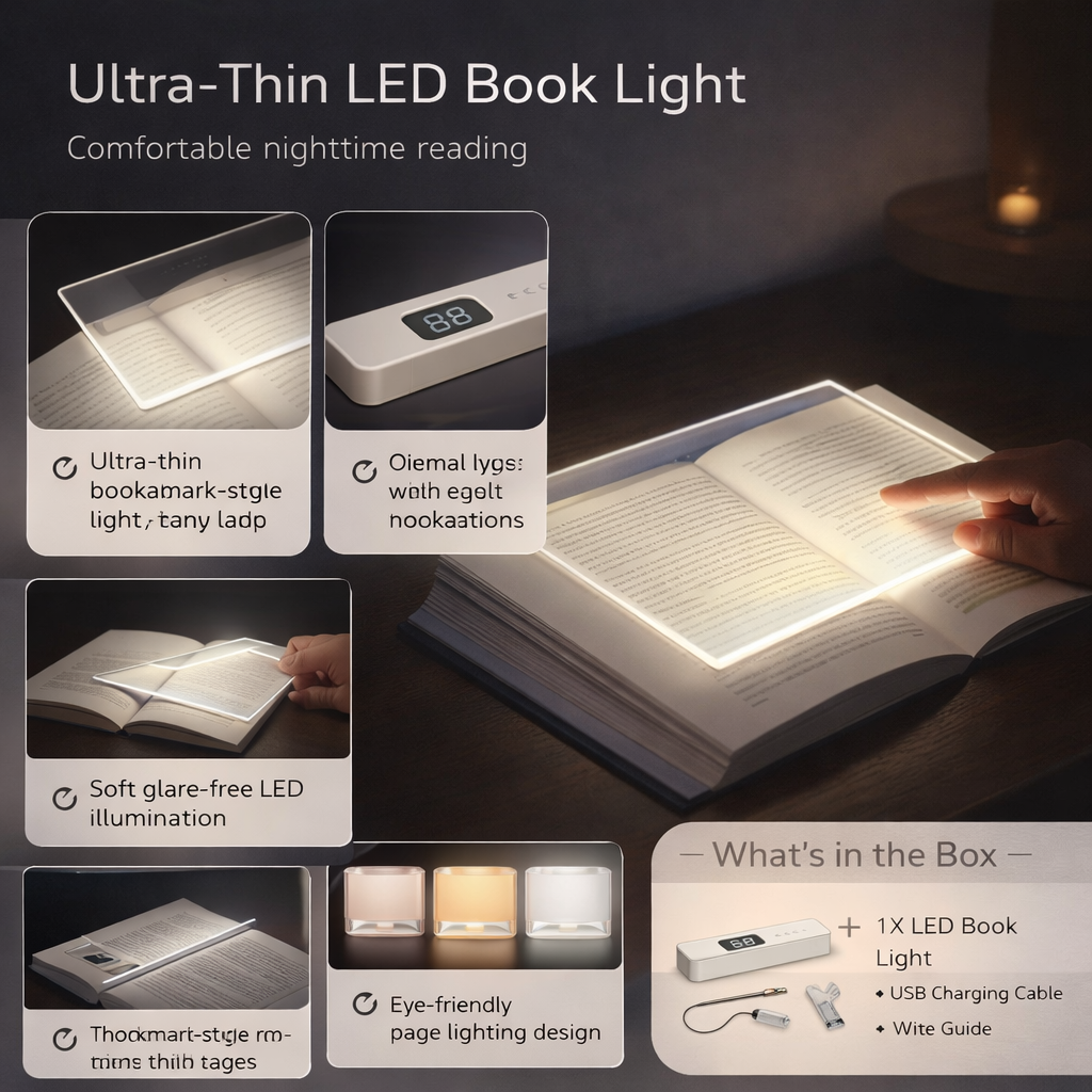 Ultradünne, über USB aufladbare LED-Leselampe für Bücher