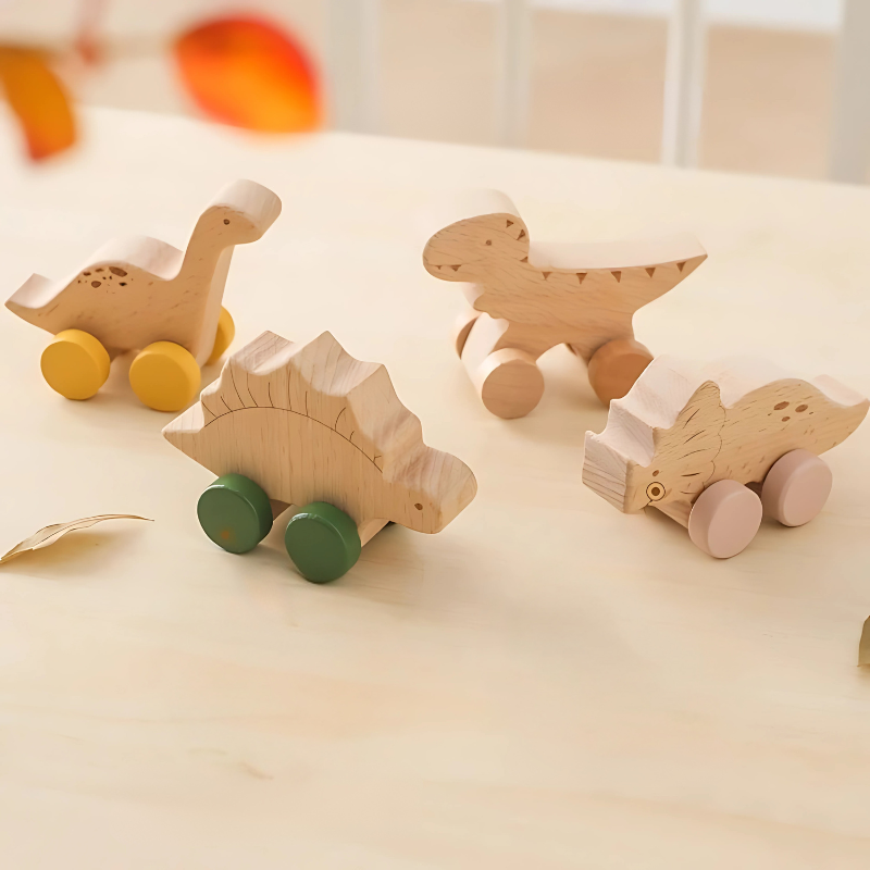 Unisex Dinosaurier-Rollauto-Spielset aus Holz für Kinder