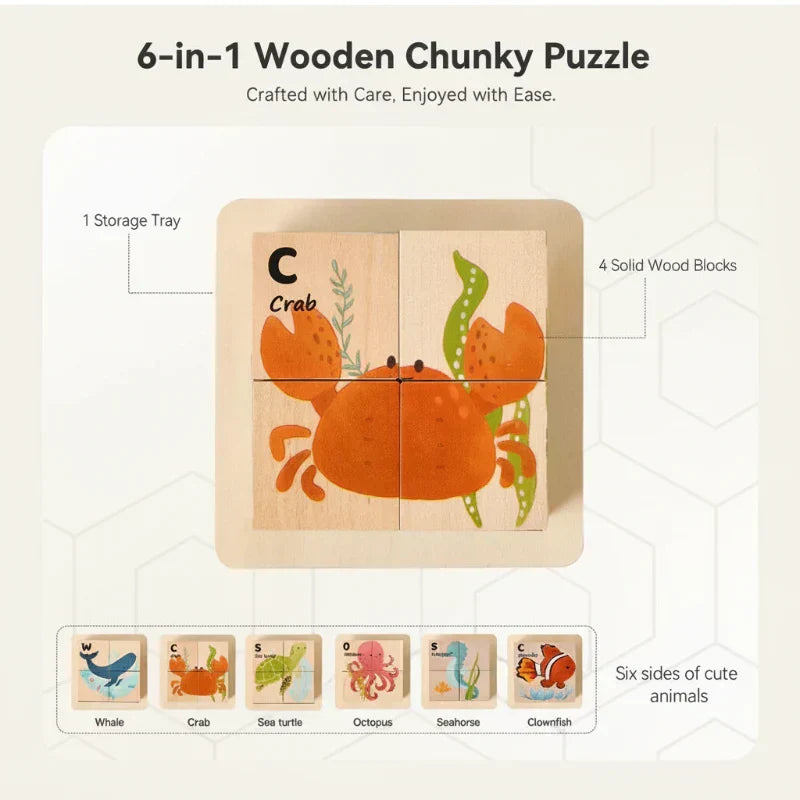 Unisex Montessori 6-in-1 Holz-Tierpuzzle