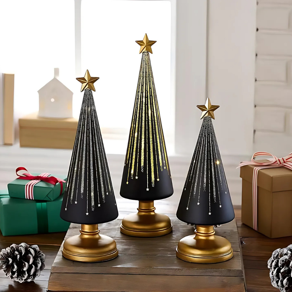 Glas-Weihnachtsbäume mit funkelnder LED-Beleuchtung